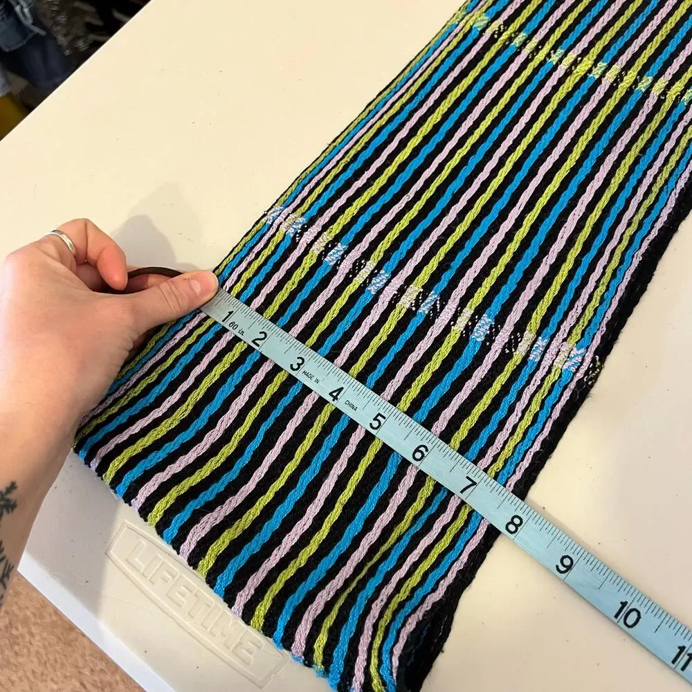 Y2K Blue, Purple, Green Striped Scarf with Fringe Trim Soft Woven Knit